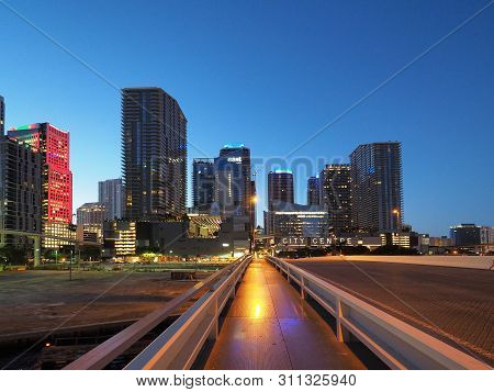 Miami, Florida 12-17-2018 Brickell City Center From The South Miami Avenue Bridge At Sunrise On A Cl
