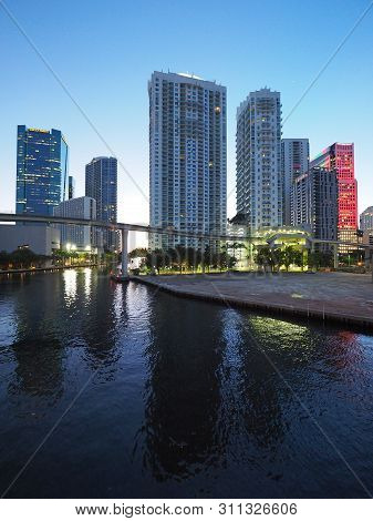 Miami, Florida 12-17-2018 The Miami River And The City Of Miami At Sunrise On A Clear, Cloudless Win