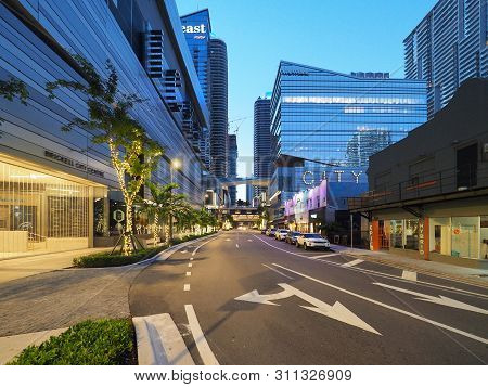Miami, Florida 12-17-2018 Brickell City Center From South Miami Avenue At Sunrise On A Clear And Clo