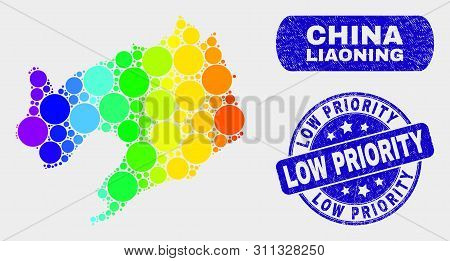 Spectral Dot Liaoning Province Map And Seal Stamps. Blue Round Low Priority Scratched Seal Stamp. Gr