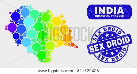 Rainbow Colored Dotted Himachal Pradesh State Map And Watermarks. Blue Round Sex Droid Scratched Wat