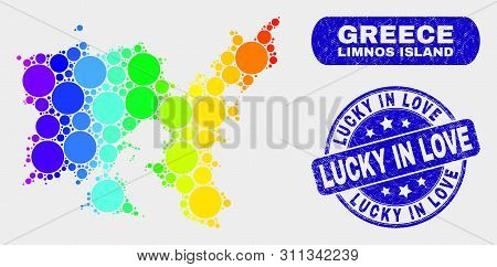 Spectrum Dotted Limnos Island Map And Seal Stamps. Blue Rounded Lucky In Love Grunge Watermark. Grad