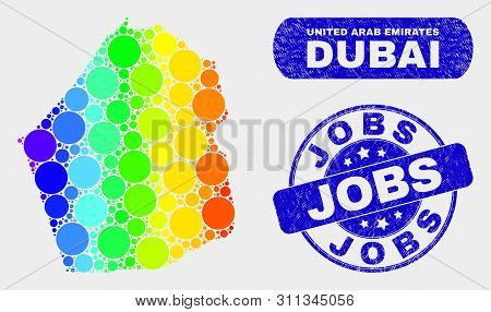 Spectrum Dot Dubai Emirate Map And Watermarks. Blue Rounded Jobs Scratched Stamp. Gradiented Spectru