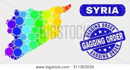 Spectrum Dot Syria Map And Rubber Prints. Blue Round Gagging Order Grunge Stamp. Gradiented Spectrum