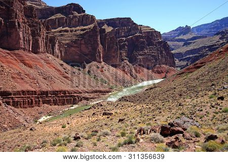 Hance Rapids And The Granite Gorge As Seen From The Tonto Trail Descending Toward The Rapids In Gran