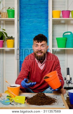Happy Gardener. Bearded Man Planting Potted Flowers At Home. Master. Husband. Young Man With A Prime