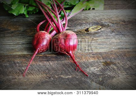 Fresh Beetroot On Rustic Wooden Background. Harvest Vegetable Cooking Conception . Diet Or Vegetaria