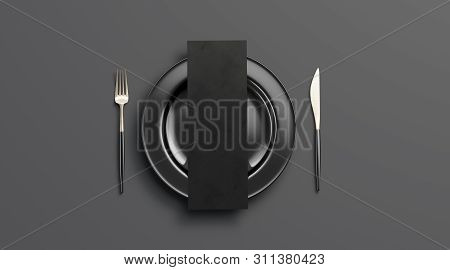 Blank Dark Checklist Mockup On Plate With Cutlery, Top View, Isolated, 3d Rendering. Clear Black Del