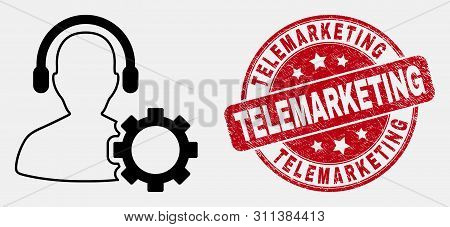 Vector Contour Service Call Center Icon And Telemarketing Seal Stamp. Blue Rounded Textured Seal Sta