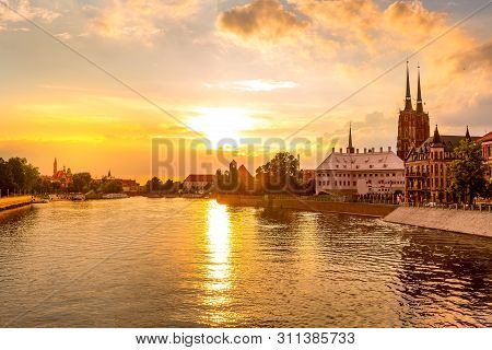 Wroclaw, Poland Colorful Sunset Panorama With Ostrow Tumski Island, Odra Or Oder River And Cathedral