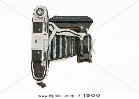 Samara Russia - 04.27.19 Lens Accordion On An Old Camera. Old Vintage Camera On A Wooden Light Backg