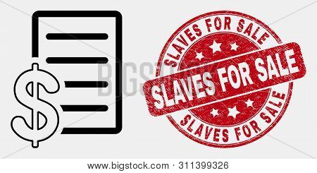 Vector Stroke Price List Icon And Slaves For Sale Seal Stamp. Blue Rounded Scratched Seal Stamp With