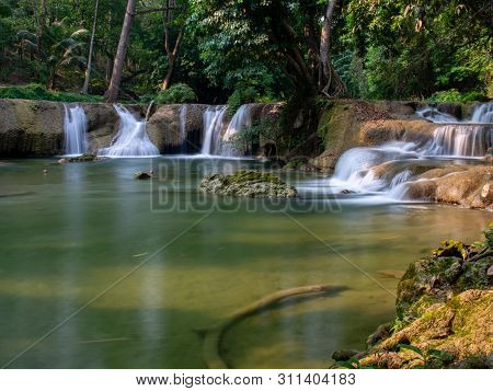 Beautiful Waterfall In Thailand, Namtok Chet Sao Noi Park, Saraburi, Featuring Lush Green Tropical V