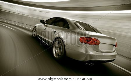 rendering 3D di una vettura brandless generica del mio disegno in un tunnel con moto pesante sfocatura