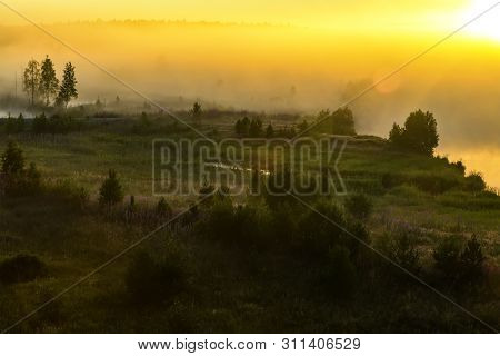 Sunrise Over Foggy Riverbank. Fog On River Side Aerial View. Misty River In Sunlight From Above