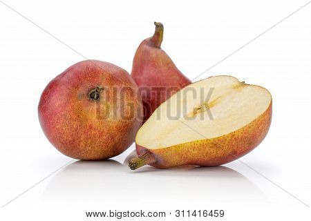 Group Of Two Whole One Half Of Fresh Dark Red Pear Anjou Cross Section Isolated On White Background