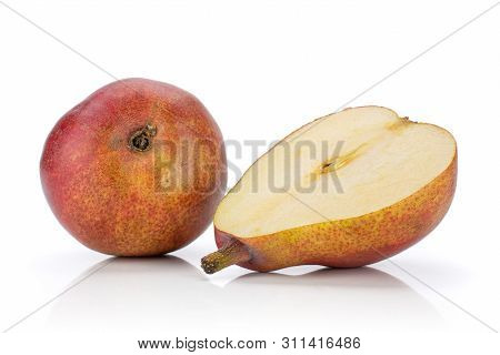 Group Of One Whole One Half Of Fresh Dark Red Pear Anjou Isolated On White Background
