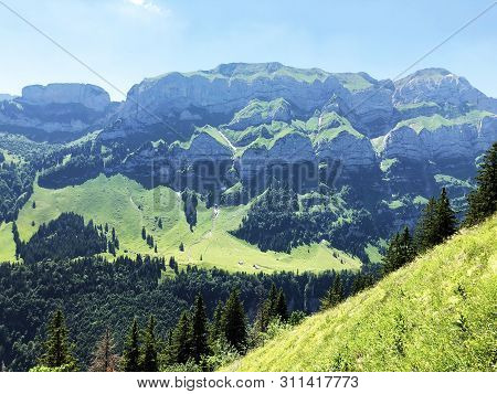 Alpine Peaks Bogartenfirst, Schafberg And Marwees In The Alpstein Mountain Range And In The Appenzel
