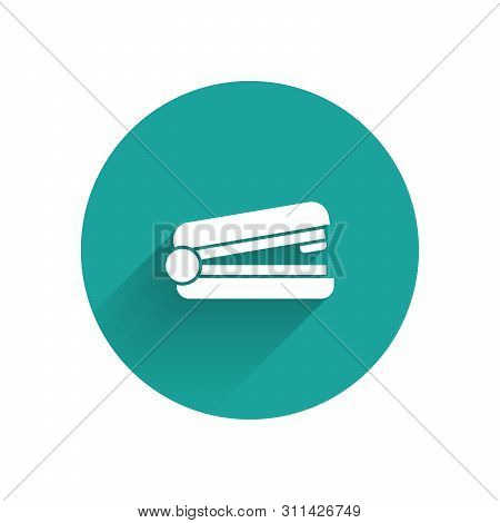 White Office Stapler Icon Isolated With Long Shadow. Stapler, Staple, Paper, Cardboard, Office Equip