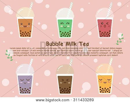 Six Plastic Cups Of Variety Flavor Sweet Brown Sugar Bubble Milk Tea. Boba Tea Or Bubble Milk Tea In