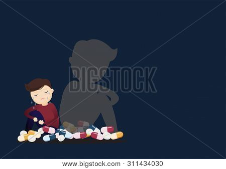 Depressed Young Man  Sitting On The Floo With Medicine. Cyber Bullying. Vector Illustration.