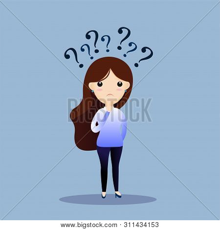 Young Woman Thinking Standing Under Question Marks.  Business Woman Surrounded By Question Marks Con