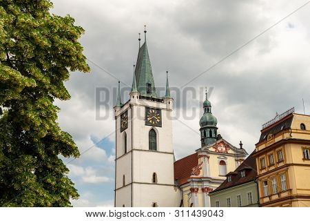 Kamenna Vez (stony Tower) With Clocks Of The Church Of All Saints In Litomerice, Czech Republic Hidd