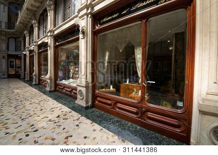 Turin, Italy - August 16, 2013: Showcases in Subalpine Commercial Gallery.