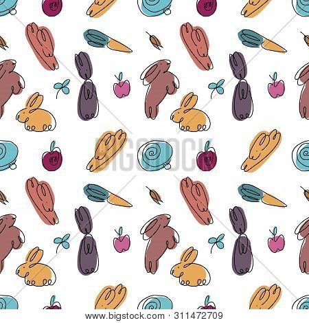 Seamless Pattern With Rabbits, Carrots, Cabbage And Clover Leaves Elements. Patterns Are Fine For Fa