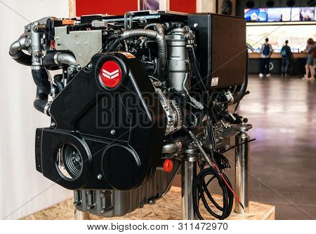 Barcelona, Spain - Jun 3, 2018: Side View Of Yanmar Japanese Diesel Engine Manufacturer Model 4lv 19