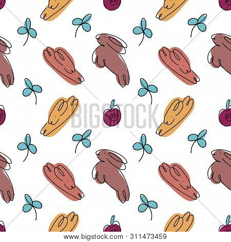 Seamless Pattern With Rabbits, Carrots, Cabbage And Clover Leaves Elements. Patterns Are Fine For Fa