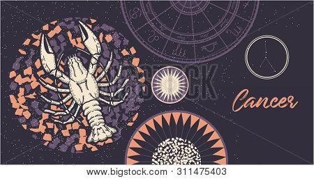 Zodiac Sign Cance. The Symbol Of The Astrological Horoscope. Horizontal Banner. Template For Postcar