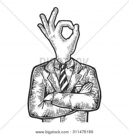 Businessman With Okay Hand Gesture Instead Head Sketch Engraving Vector Illustration. Scratch Board 