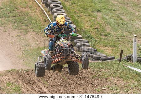 Brezova Nad Svitavou, Czech Republic - June 15, 2019: Front View Of Quad Rider Jumping In The Race I