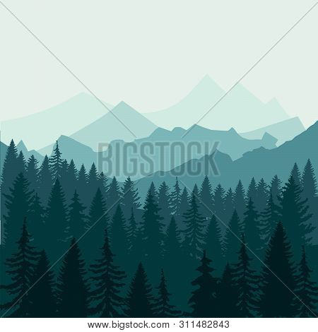 Pine Forest And Mountains Backgrounds. Panorama Taiga Silhouette Illustration Vector Eps