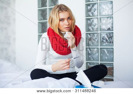 Flu And Sick Woman. Sick Woman Using Paper Tissue, Head Cold Problem