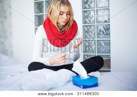 Flu And Sick Woman. Sick Woman Using Paper Tissue, Head Cold Problem