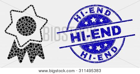 Pixel Award Badge Mosaic Icon And Hi-end Seal Stamp. Blue Vector Round Scratched Seal Stamp With Hi-
