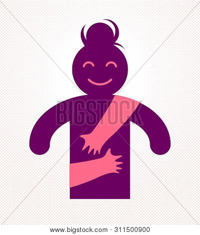 Loved Woman With Care Hands Of A Lover Or Friend Hugging Her Around From Behind, Vector Icon Logo Or