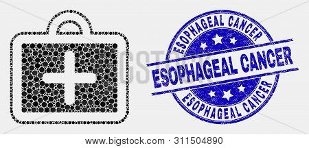 Pixel First-aid Case Mosaic Icon And Esophageal Cancer Seal Stamp. Blue Vector Rounded Scratched Sea