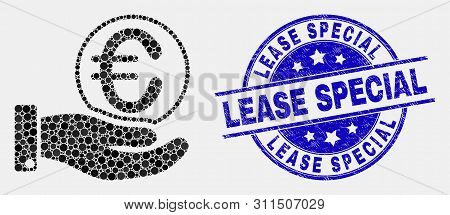 Pixelated Hand Offfer Euro Coin Mosaic Icon And Lease Special Seal. Blue Vector Round Textured Seal 