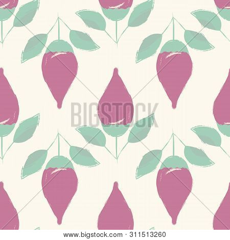 Beautiful Hand Drawn Purple Flower Buds And Green Leaves In Geometric Design. Seamless Vector Patter