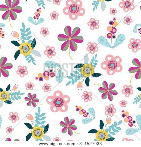 Vector Seamless Pattern Repeat With Random Scattered Folk Art Style Floral Motifs.