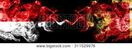 Indonesia Vs Montenegro, Montenegrin Smoky Mystic Flags Placed Side By Side. Thick Colored Silky Smo