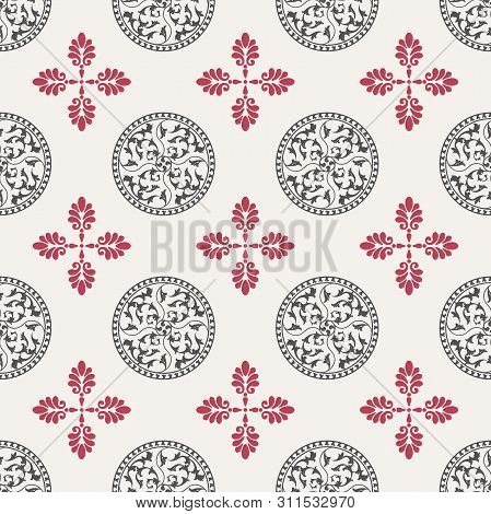 Red Flower, Ancient Floral Circle Seamless Pattern With White Background - Fabric Cloth Collections