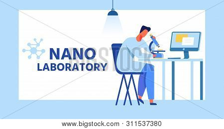 Nano Laboratory Cartoon Banner With Flat Frame. Vector Male Researcher, Chemical Scientist Examining