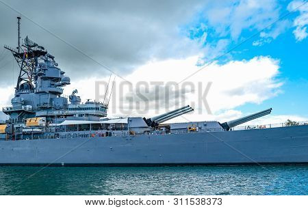 Honolulu, Awaii - May 3, 2019: Pearl Harbor, The Missoury Battleship Seen From The Bay