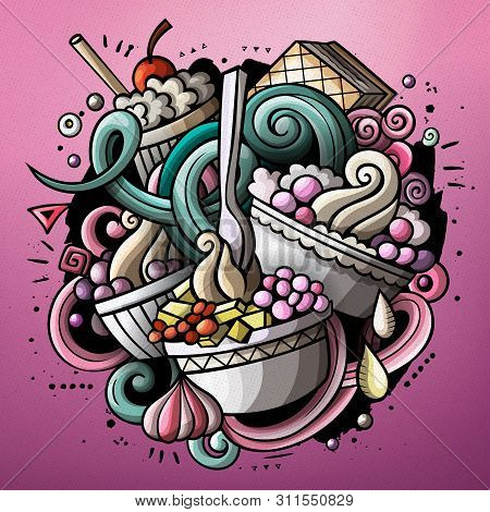Cartoon Cute Doodles Hand Drawn Ice Cream Illustration. Funny Raster Artwork