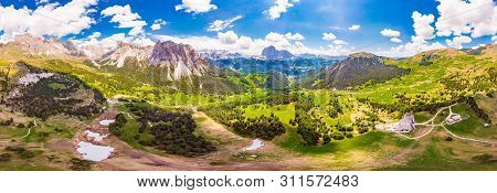 Aerial Top View From Drone To Col Raiser Plateau In Sunny Summer Day. Scenery Of Rugged Sella Mounta
