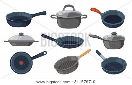 Frying Pan Vector Icons Set. Kitchen Pots And Different Pans Isolated On White Background.